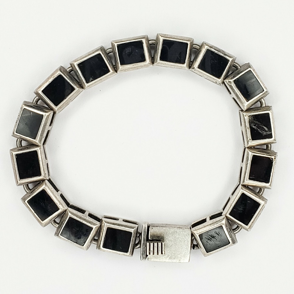 Vintage Sterling Silver 925 Weiss Link Bracelet Black Lucite Squares - Picture 9 of 11
